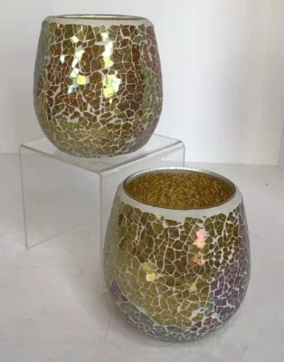 Juego de 2 candelabros grandes de vidrio iridiscente dorado mosaico glamuroso Foto 1 de 4