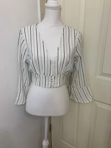 Iris Los Angeles Women's White Black Stripe Plunge Deep V Neck Cropped Top L NWT - Picture 1 of 14