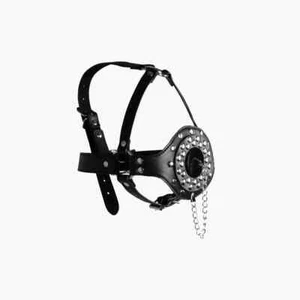 Open Mouth Gag Head Harness with Plug Stopper Black - Picture 1 of 4