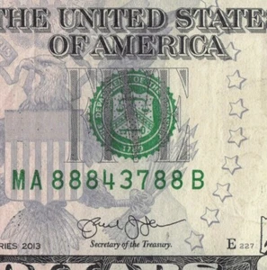 Five of a Kind 8s Fancy Serial Number Five Dollar Bill MA88843788B Wrap-around - Picture 1 of 12