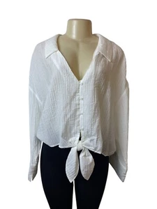 H&M Womens Crinkled Long Sleeve V-Neck Button-Up Tie Front Blouse in White Size - Picture 1 of 7