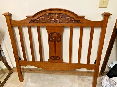 Antique Art Nouveau Oak Wood Bed Frame Headboard + Footboard Hardware Victorian - Image 1 of 4