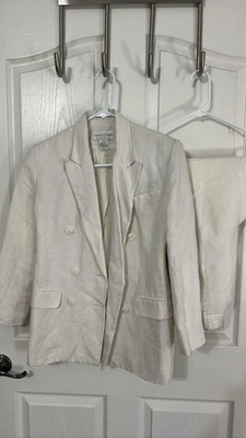 VINTAGE Informal Esquina Pequeño Lino Pantalón Traje Conjunto Blazer Chaqueta Doble Pecho Foto 1 de 4