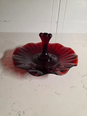 Vintage Anchor Hocking Glass Tidbit Tray Royal Ruby Red Center Handled Plate - Image 1 of 4