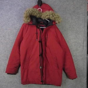 Guess Los Angeles Jacket Mens Medium Red Hooded Parka Faux Fur Trim Insulated - Picture 1 of 9