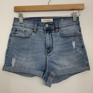 Pacsun Womens 25" The Shortie Distressed Rolled Hem Blue Denim Shorts - Picture 1 of 5