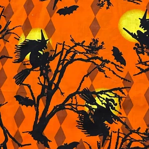 Halloween Fabric Witch On Broomstick Bats Flying Print Orange Black Cotton RTC - Picture 1 of 7