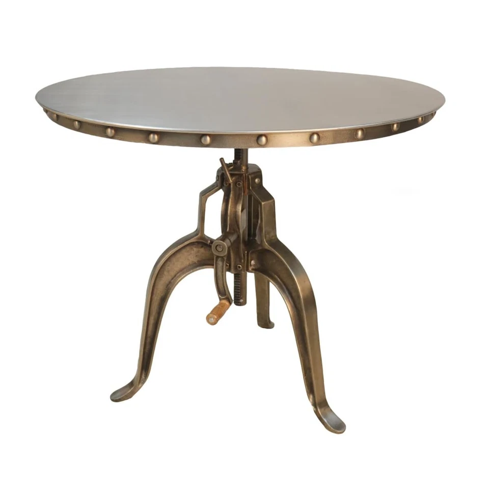 Adjustable Height Antiqued Nickel Three Leg Base Round Top Dining Table - Image 1 of 1