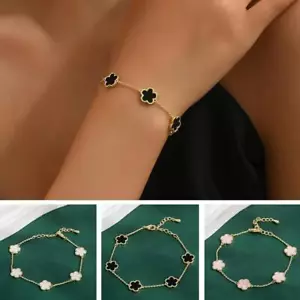 Clover Bracelet Five Leaf Double-Side 18k Gold plated Waterproof Stainless Steel - Picture 1 of 31