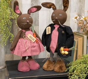 Primitive Chloe Bunny Girl Doll & Charles Bunny Boy Easter Rabbit Spring Decor - Picture 1 of 3