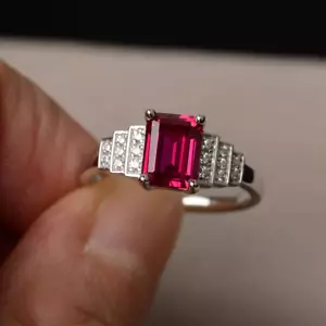 4.48 Ct Emerald Cut Natural Red Ruby Diamond Bridal Wedding Ring 14K White Gold - Picture 1 of 7