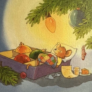 Vintage Weihnachtskarte UNBENUTZT Maus schläft in Ornamentbox Patchwork Quilt mit Umschlag - Bild 1 von 5