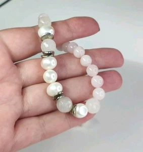 Mixed Gemstones Rose Quartz And Pearl White Metal Beads Bracelet - Picture 1 of 8
