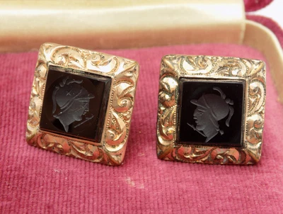 Gemelos Victorianos Antiguos Vidrio Negro Intaglio Soldado Centurión Cuadrado Foto 1 de 4