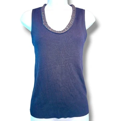 Camisa sin mangas DKNY acanalada cuello redondo ribete metálico para mujer pulóver negro mediano  Foto 1 de 4