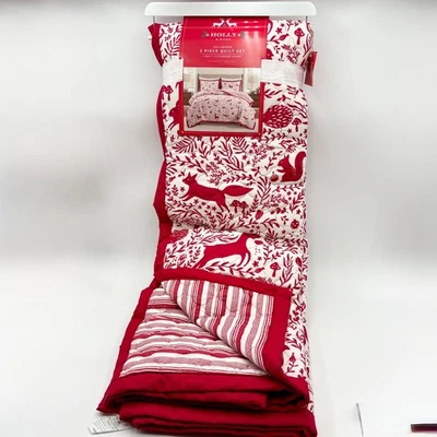 Holly & Moss Full/Queen Quilt Red White Christmas Woodland Animals Holiday Set - Image 1 of 4