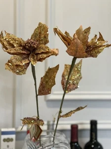 "Juego/2 27"" Lentejuelas Brillantes Poinsettia Spray Oro Navidad Flor Artificial" - Imagen 1 de 8