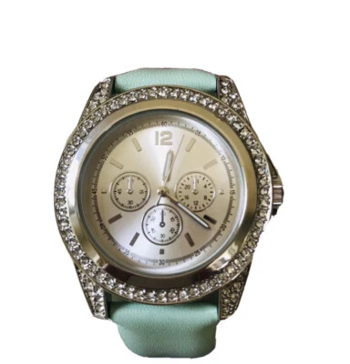 Reloj Pulsera Mujer Pavé Diamantes Simulados Tono Plateado Aqua Imitación Cuero 8 Pulgadas Foto 1 de 4