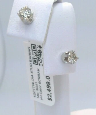 NEW 1/2CT 14k White Gold Diamond Studs Earrings! REAL DIAMONDS BEAUTIFUL SPARKLE - Image 1 of 4