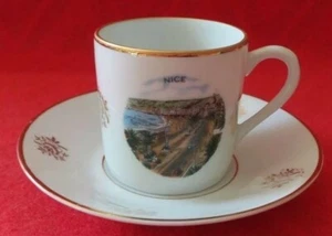 Limoges France NICE FRANCE SCENIC Demitasse Cup & Saucer Gold Roses Trimmed - Picture 1 of 12