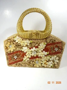 Vintage geflochtene Geldbörse Korb verziert Blumen Perlen Muscheln Boho Japan 50er - Bild 1 von 16
