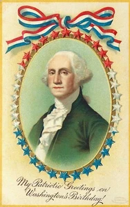 Antike George Washington Geburtstag Vignette geprägte Postkarte patriotisch IAPC  - Bild 1 von 2