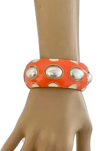1.3/8" Wide Orange & Beige Enamel Faux Pearl Chunky Statement Bracelet - Picture 1 of 5