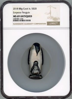 EMPEROR PENGUIN 2018 Cook Islands $20 SILVER COIN NGC MS69 ANTIQUED - Image 1 of 4