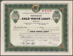 Luz blanca fría - Kold Wite Lite 1933 Certificado de stock de iluminación de Seattle - Imagen 1 de 2