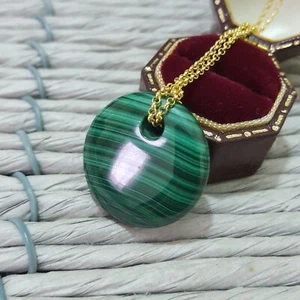 925 Sterling Silver Necklace, Genuine Malachite Gemstone Pendant, Gold Over - Picture 1 of 7