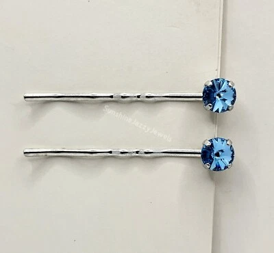 Alfileres de pelo/bobby hechos a mano de 2 piezas con piedras Chaton de cristal de Swarovski aguamarina Foto 1 de 4