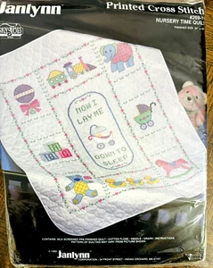 JANLYNN Printed Cross Stitch Nursery Time QUILT & 3 BIBS BN SEALED COMPLETE KIT - Picture 1 of 7
