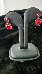 Estate Sterling Silver Red Stone Dangle Earrings 1.25 Inches Long - Picture 1 of 3