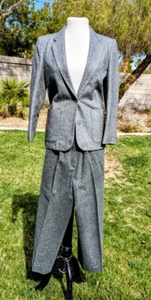 Vintage Petite Medium Gray Tweed Business 2pc Blazer/Pants Suit Outfit Set EUC - Picture 1 of 7