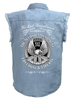 Camisa de motociclista para hombre Segunda Enmienda Eagle Guns azul de mezclilla sin mangas Foto 1 de 2