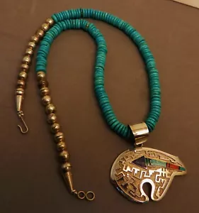 NAVAJO RICHARD BEGAY RB INLAID SPIRIT BEAR PENDANT, TURQUOISE HEISHI NECKLACE - Picture 1 of 11