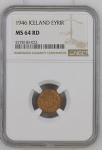 Iceland: full RED GEM BU 1 eyrir 1946 NGC MS64RD - Picture 1 of 2