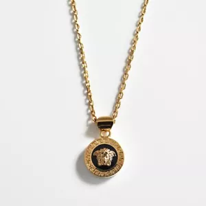 SALE VERSACE Necklace Gold Tone Greca Motif Medusa Resin Charm Black NEW - Picture 1 of 5