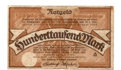 100 000  MARK  FINE  BANKNOTE  FROM  GERMANY/DORTMUND   1923 - Image 1 of 2