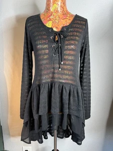 Maurices Black Sheer Lace-Up Peplum Top Medium Long Sleeve Layered Hem - Picture 1 of 6