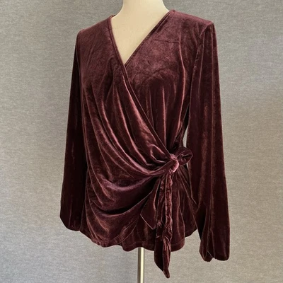 Top envolvente de terciopelo Alfani talla L púrpura manga larga lazo cintura otoño vacaciones festivo Foto 1 de 4