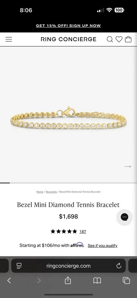 Anillo Concierge Mini Bisel Diamante Tenis Brazalete 14K Amarillo - ¡Nuevo con Etiquetas! Foto 1 de 4