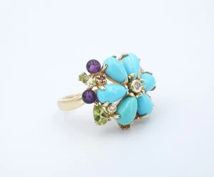 LeVian 14k Yellow Gold Turquoise Flower Diamond Ring Size 5.5 RG4867 - Picture 1 of 5