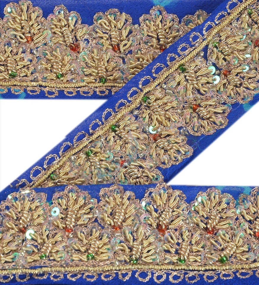 Borde de sari vintage sánscrito con cuentas artesanales adornos Zardozi cinta de 1 yarda azul Foto 1 de 1