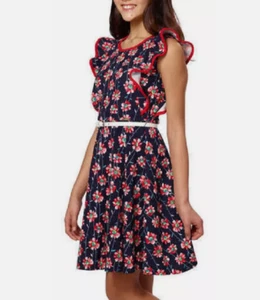 PAPER DOLL GIRLS FLORAL SLEEVELESS RUFFLED W/BELT DRESS (RED/NAVY 12)NWT - Picture 1 of 3