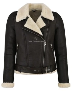 Women's Shearling Sheepskin Jacket 100% Genuine Brown White Fur B3 Bomber Jacket - Picture 1 of 9