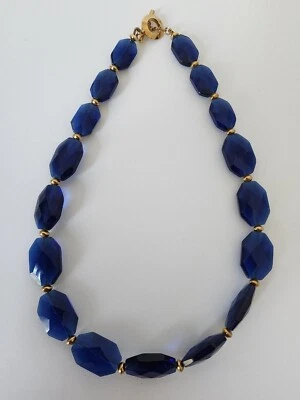 Ralph Lauren Cobalt Blue Glass Facet Chunky Gold Tone Signed Choker Necklace 16" - Image 1 of 4