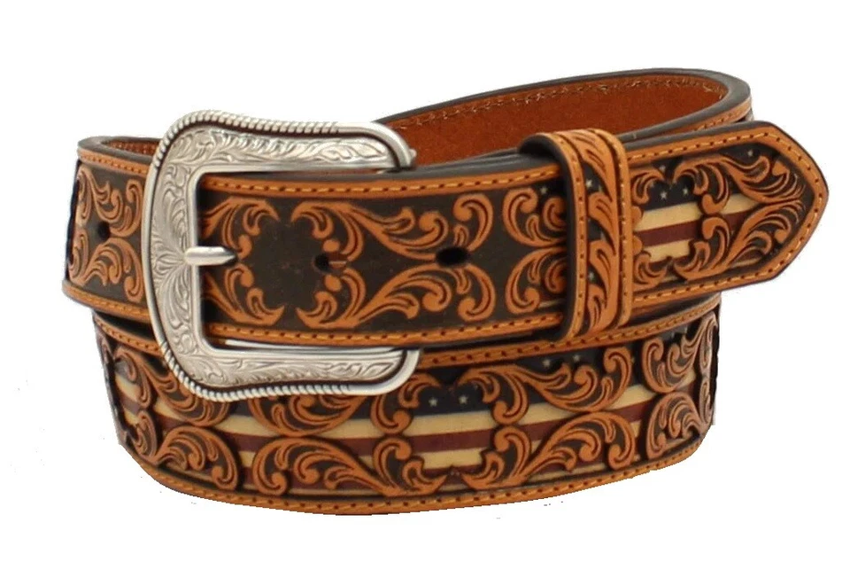 3D Cintura cowboy western country cuoio pelle fibbia incisa bandiera americana - Immagine 1 di 1