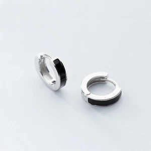 Men Women 925 Sterling Silver Plain Black Huggie Hoop Earrings A1789 - Picture 1 of 14