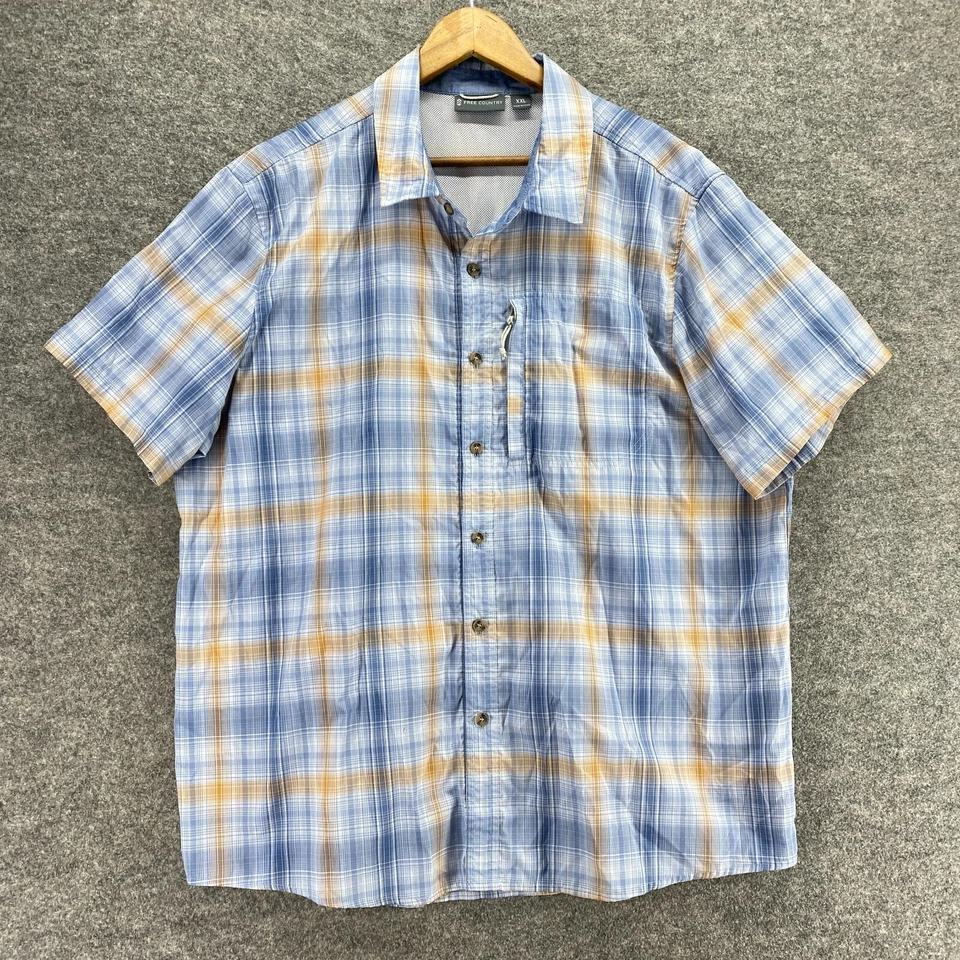 Camisa Free Country Hombre 2XL Azul A Cuadros Cuello Abotonado Manga Corta Forrada Foto 1 de 4